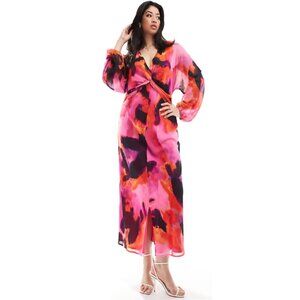 ASOS Curve sheer knot front midi dress in abstract pink print